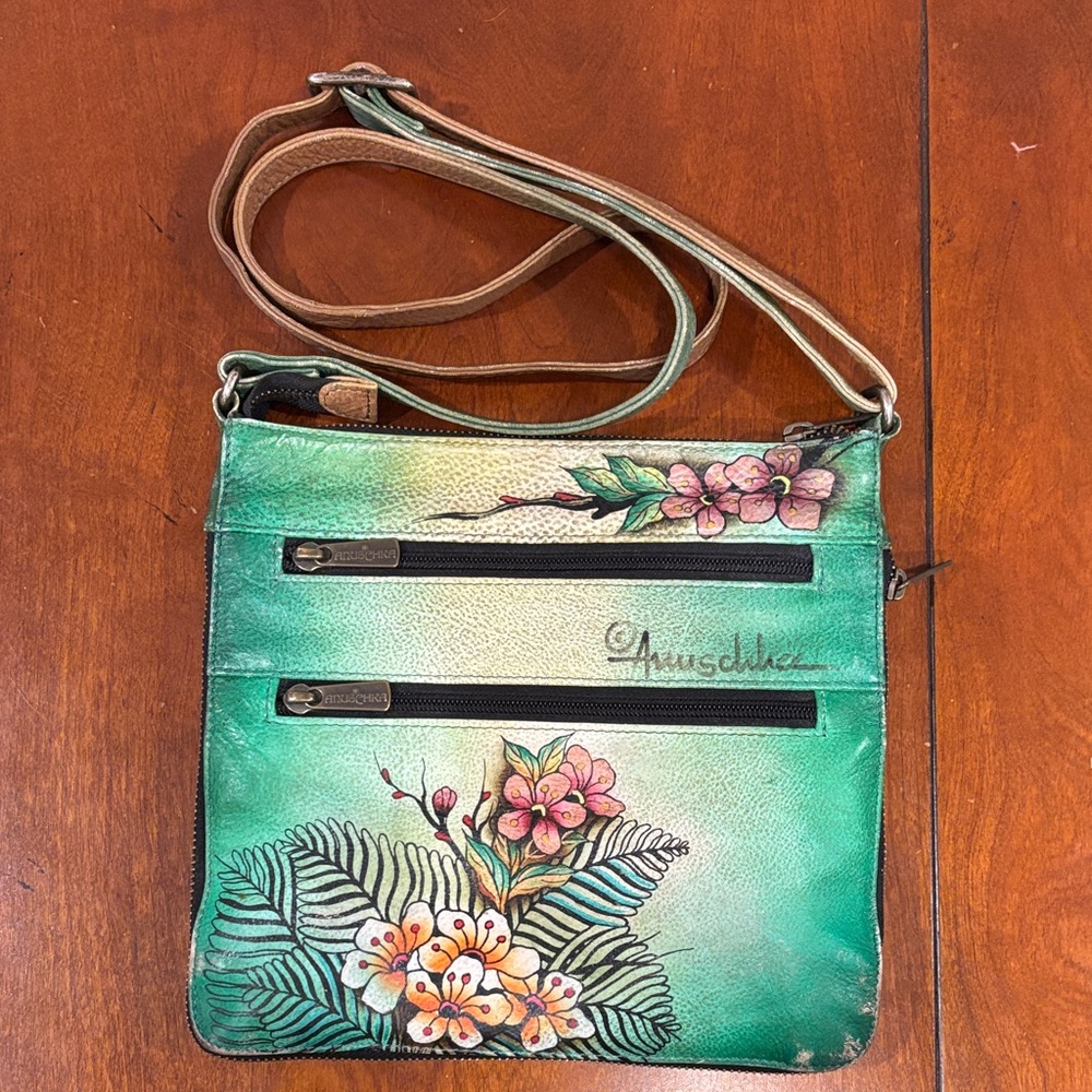 Anuschka Green Adjustable Crossbody Bag with Peacock and Floral‎ Art - Picture 3 of 16